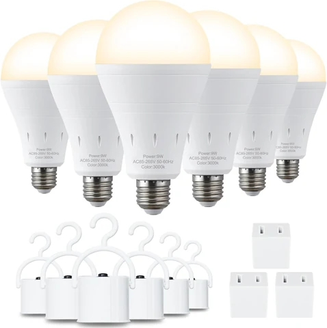 DEBAOBULB 3000K rechargeable bulbs and included hook caps, 6 pack
