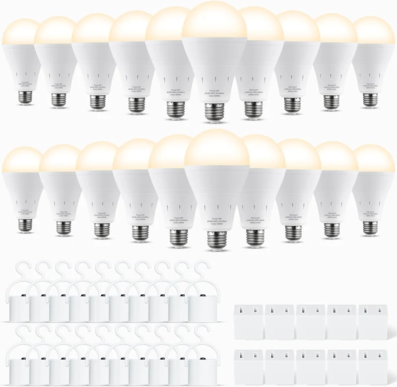 DEBAOBULB 3000K rechargeable bulbs and included hook caps, 20 pack