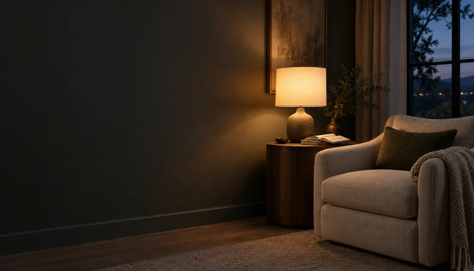 A warm lamp in a quiet reading corner